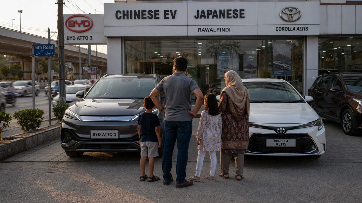 Modern electric cars at a dealership in Pakistan