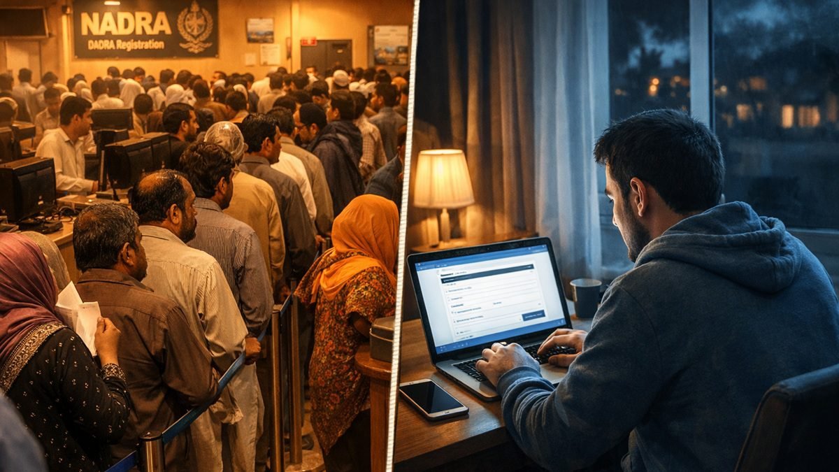 Pakistani citizen using NADRA online portal on smartphone for CNIC update at home