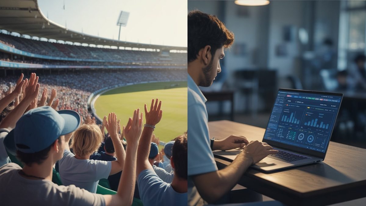 Cricket stadium with digital overlay representing AI analytics