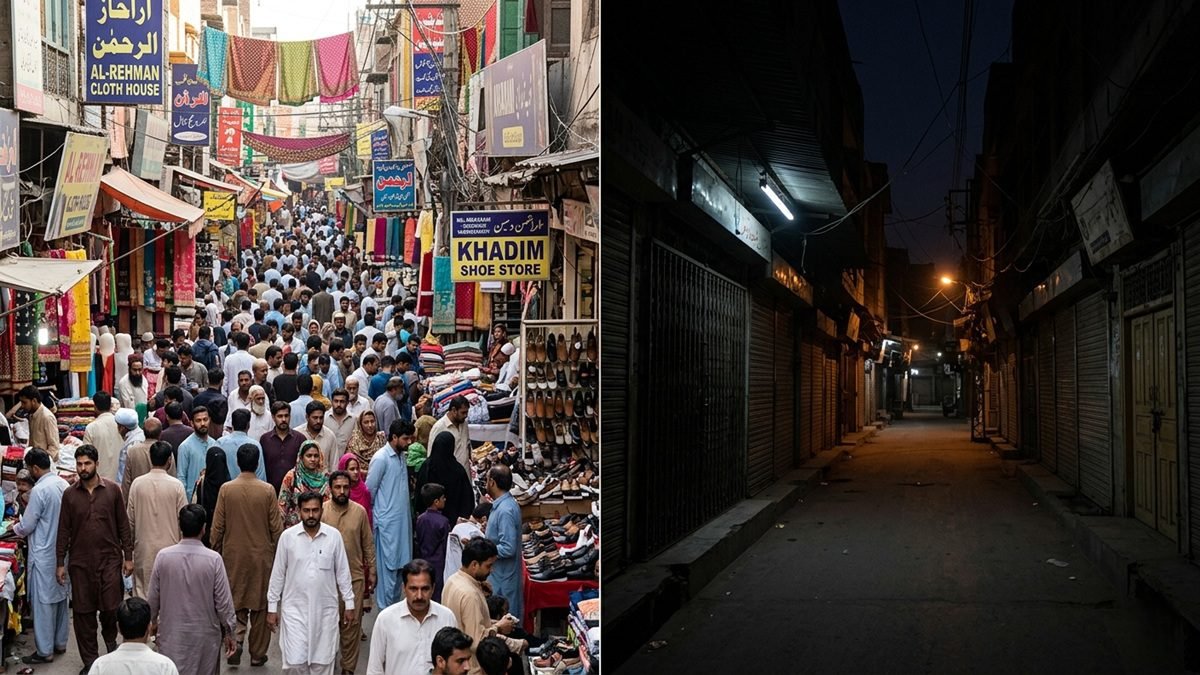 People shopping early in Pakistani market before 8 PM closure during fuel crisis 2026