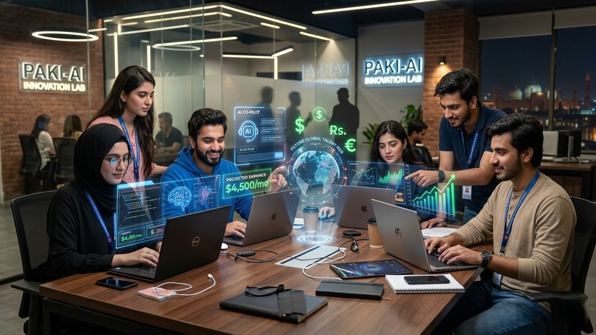 Pakistani freelancer earning money online using AI tools like ChatGPT and Canva in 2026
