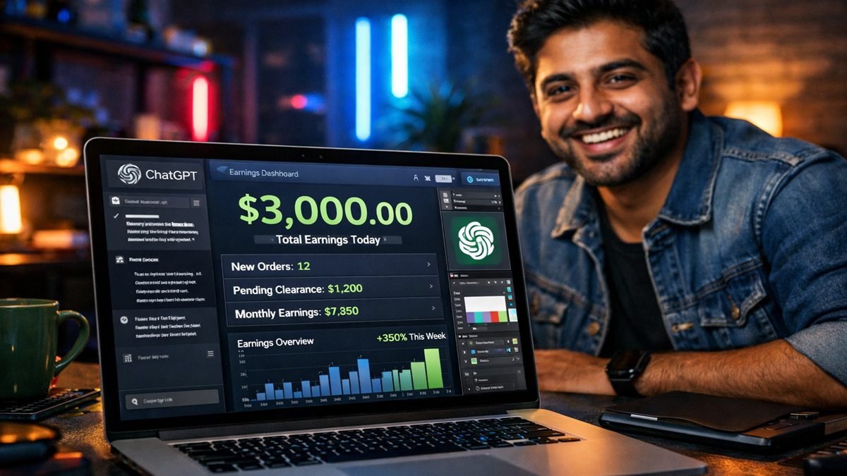 Young Pakistani freelancer working on laptop with AI tools