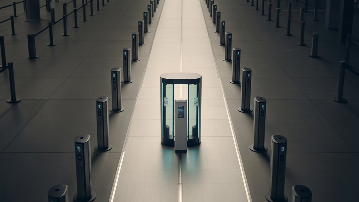 Busy international airport terminal passengers queuing