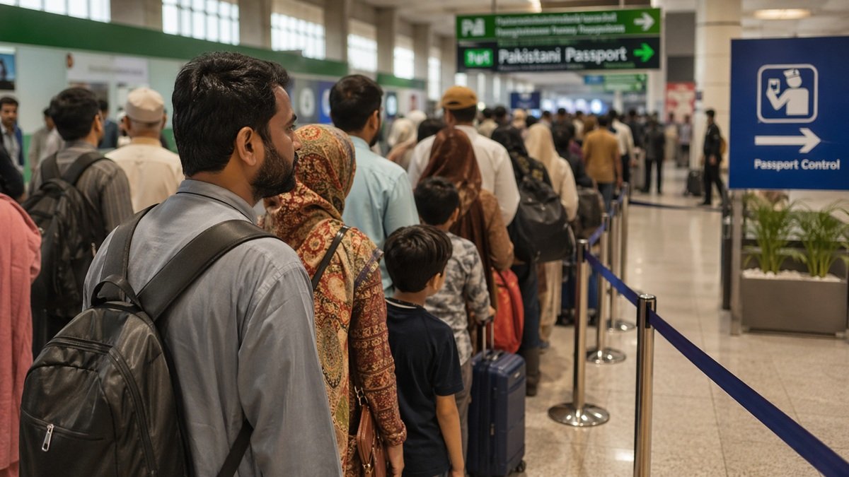Passengers at Pakistan airport moving quickly through single-point checking system reducing long queues