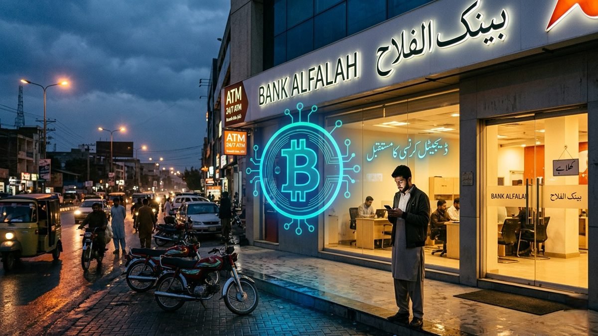 akistani bank building with digital crypto symbols overlay representing new crypto banking policy