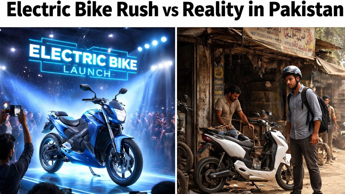 Electric bikes in Pakistan during fuel crisis 2026 showing urban commuters and charging challenges