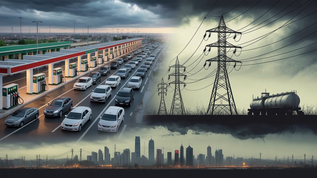 Visual showing fuel, gas and electricity supply pressure during Pakistan’s 2026 energy crisis