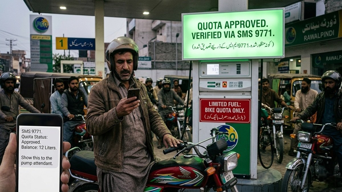 Pakistan fuel quota app 2026 showing CNIC registration via SMS 9771 and subsidized petrol distribution at fuel stations