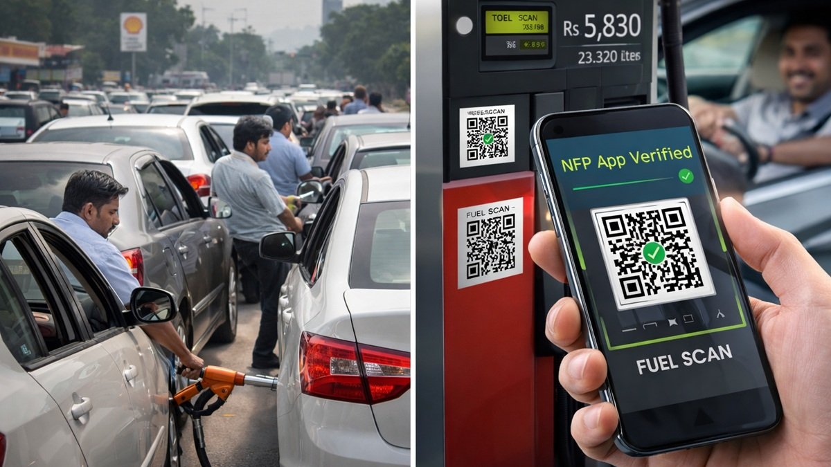 Motorcycle riders at a fuel station in Pakistan