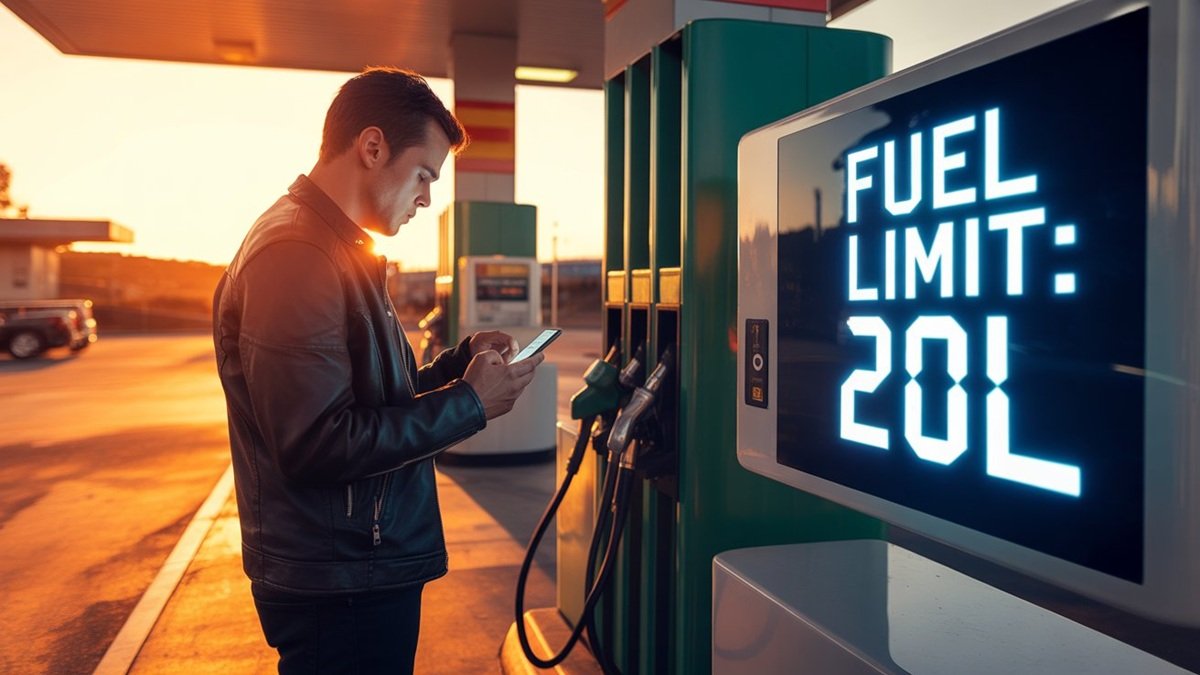 Person using phone for SMS verification at a fuel pump