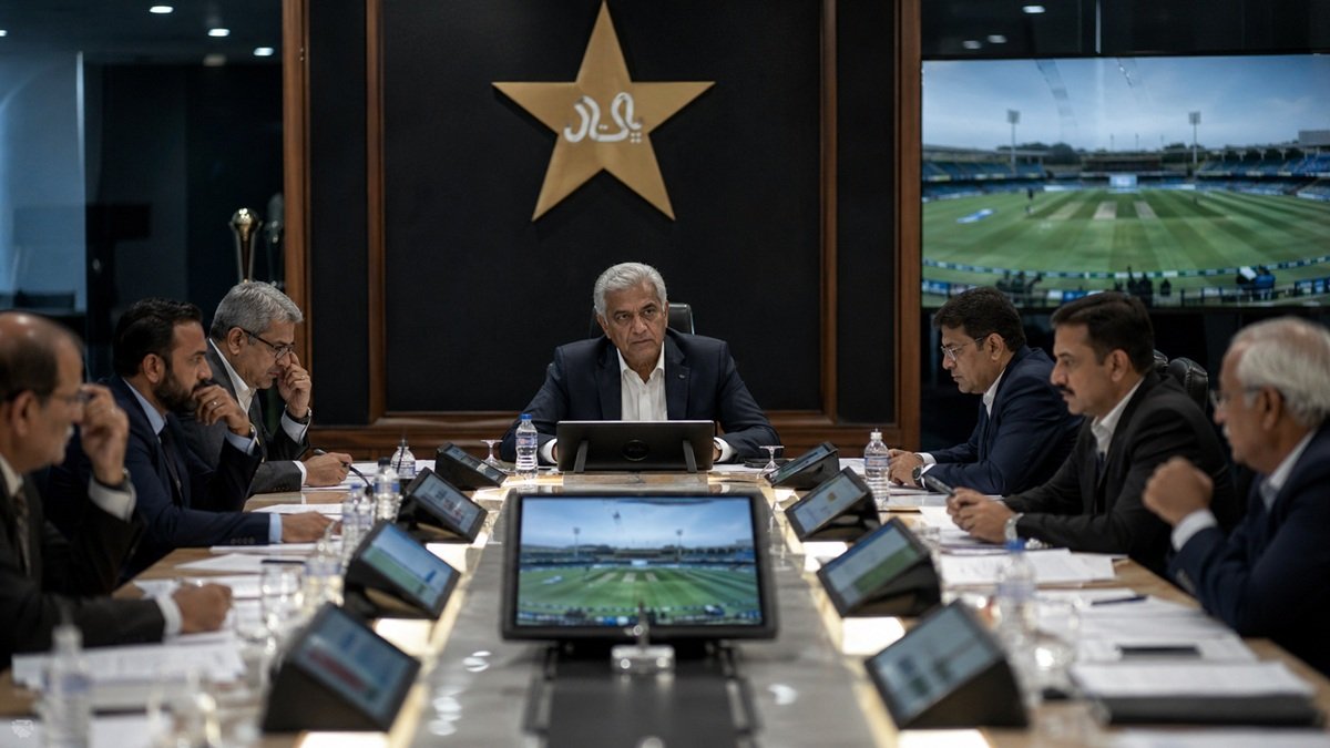 Cricket stadium with crowd and floodlights in Pakistan