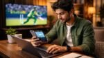 Pakistani cricket fans watching match on mobile with AI and 5G digital elements in background