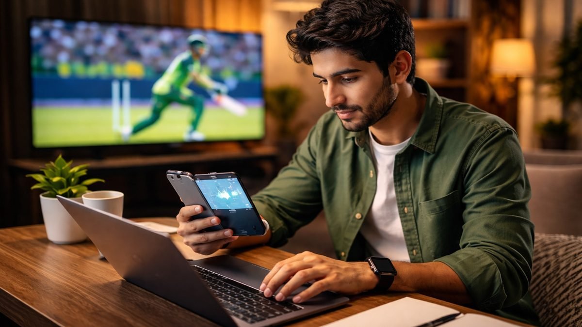 Pakistani cricket fans watching match on mobile with AI and 5G digital elements in background