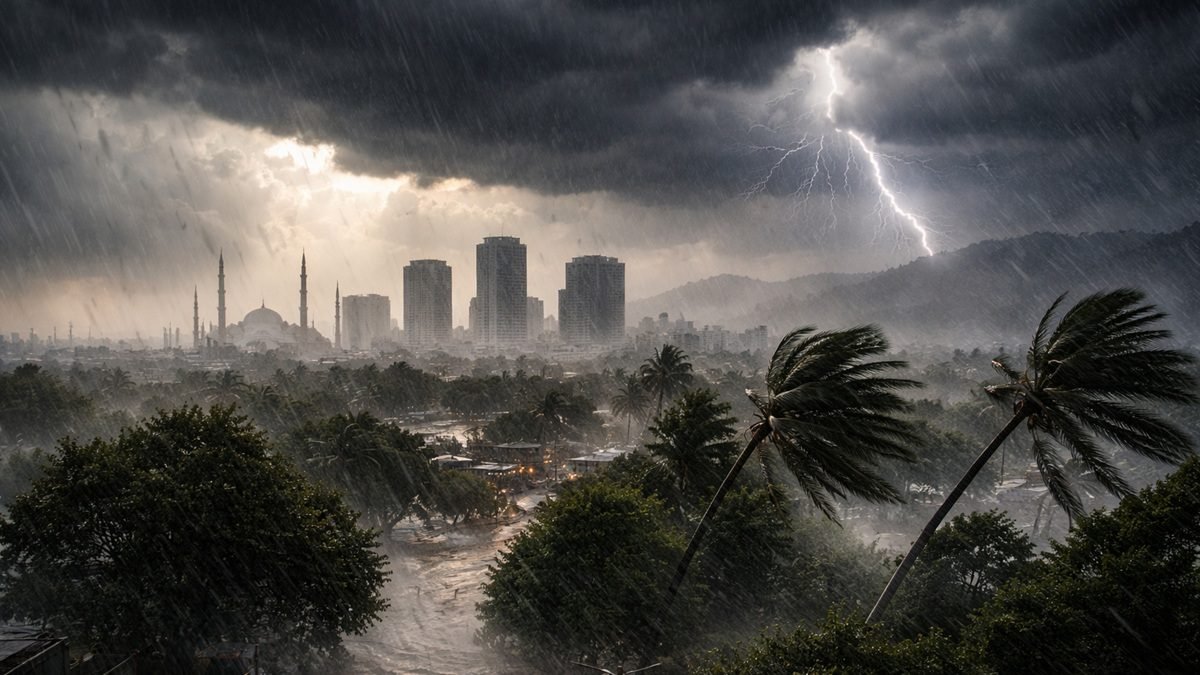 Dark storm clouds over Islamabad with heavy rain and strong winds during April 2026 weather alert