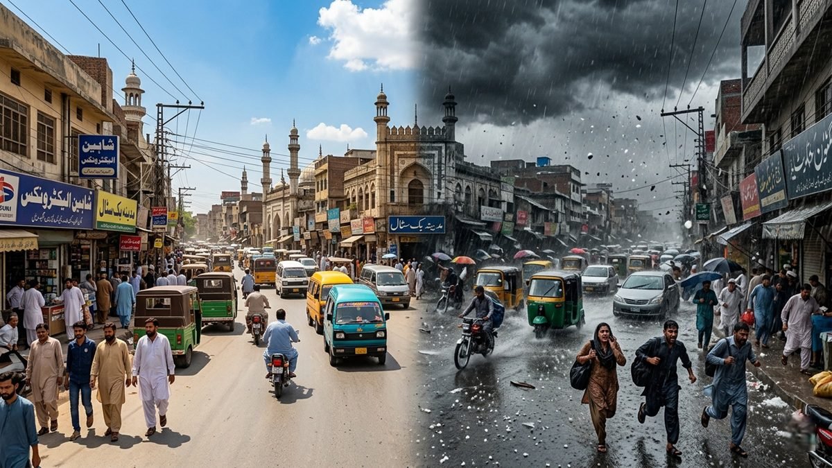 Dark storm clouds forming over Pakistan cityscape during a westerly wave