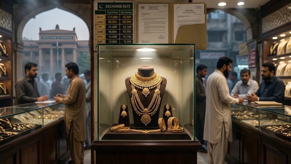 Pakistani bridal jewellery display showing traditional gold sets