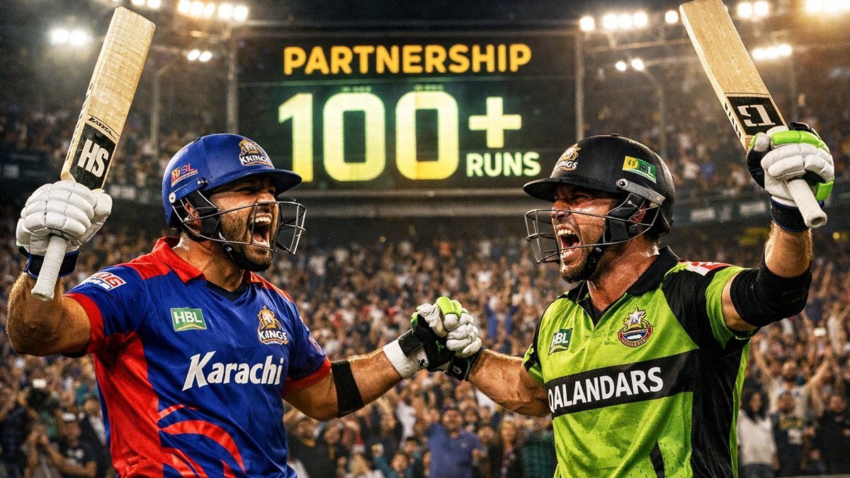 Sahibzada Farhan and Steve Smith celebrating during PSL 2026 after a record opening partnership for Multan Sultans