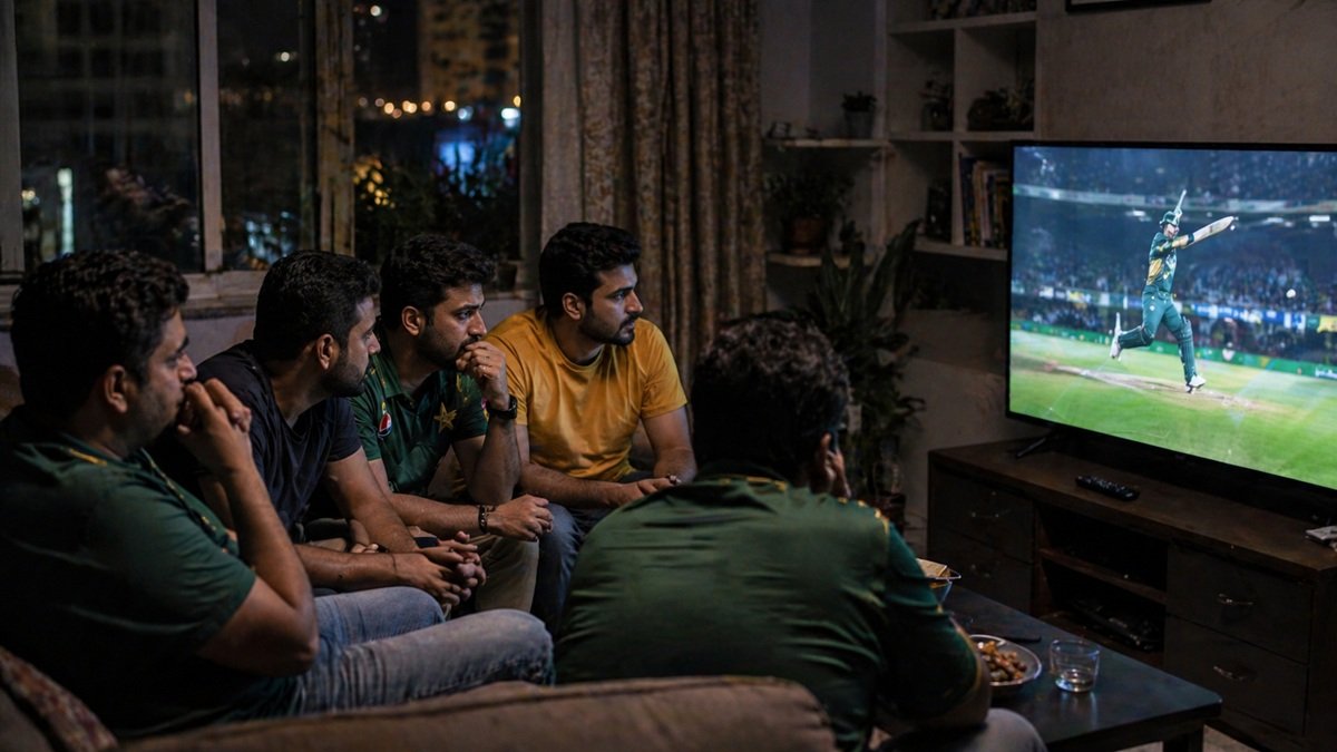 Modern cricket stadium floodlights night game