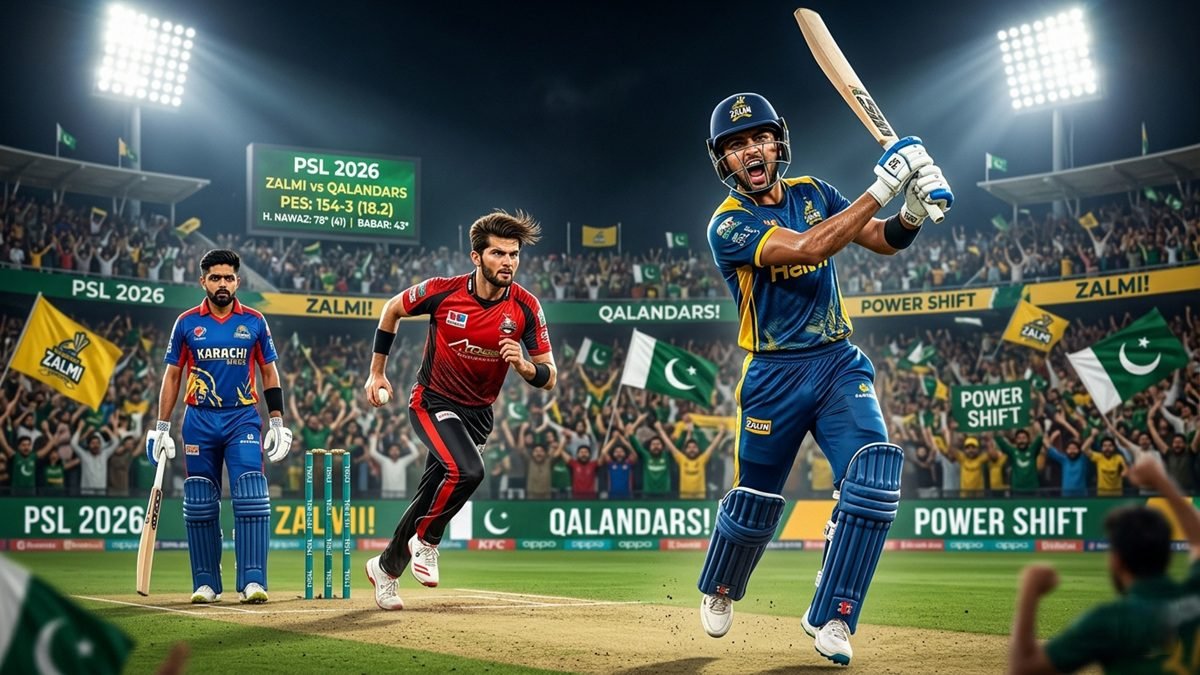 PSL 2026 top players including Hasan Nawaz, Shaheen Afridi and Babar Azam in a dramatic cricket stadium montage