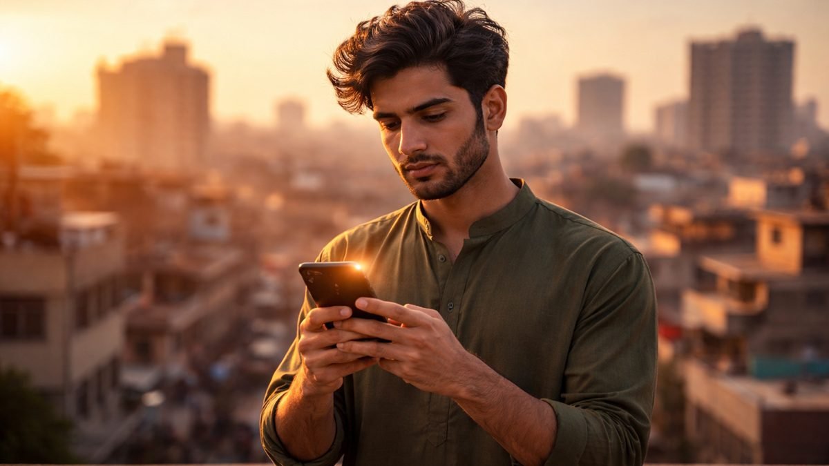 Realme 16 5G smartphone held in hand showing screen outdoors in Pakistan sunlight