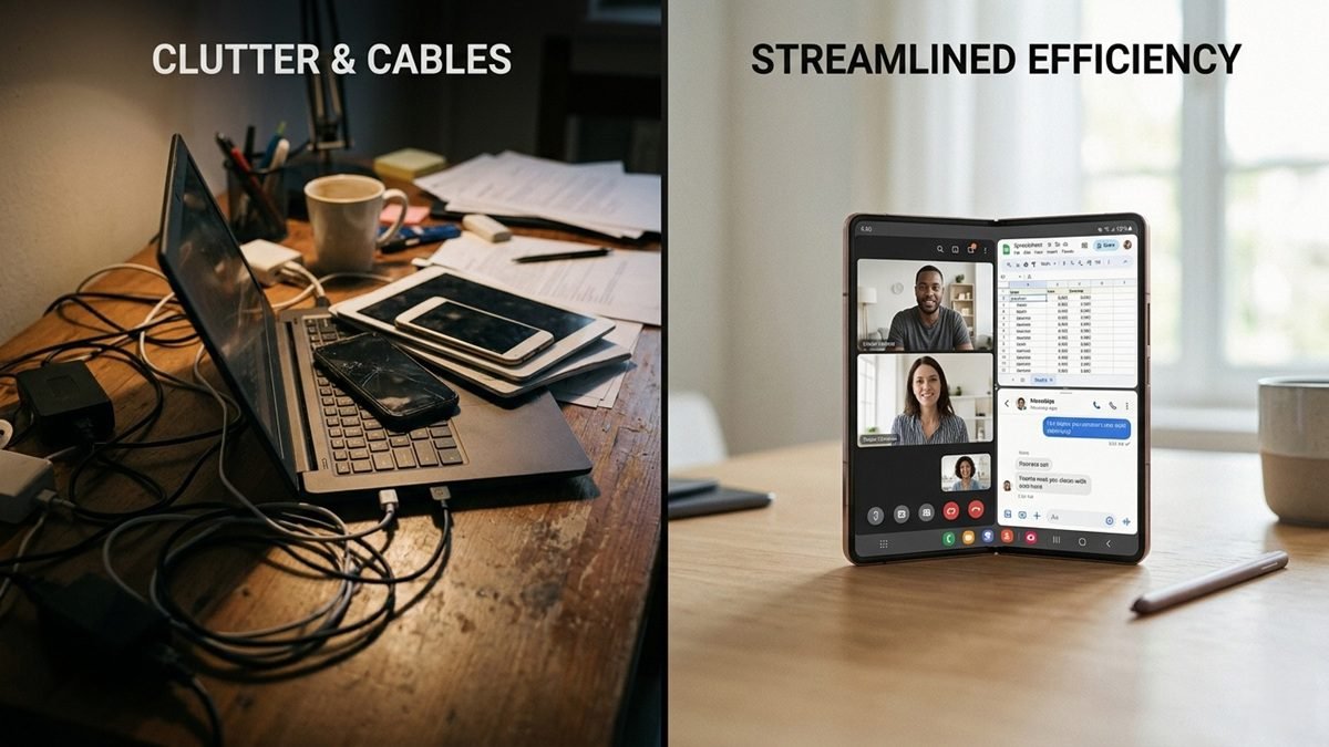Modern foldable smartphone on a work desk