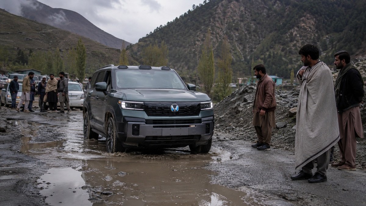 Confirmed: BYD’s Viral 3 Wheel SUV Could Solve a Real Pakistan Problem BYD Denza B8 plug in hybrid SUV demonstrating hydraulic suspension technology on rough Pakistan style road terrain
