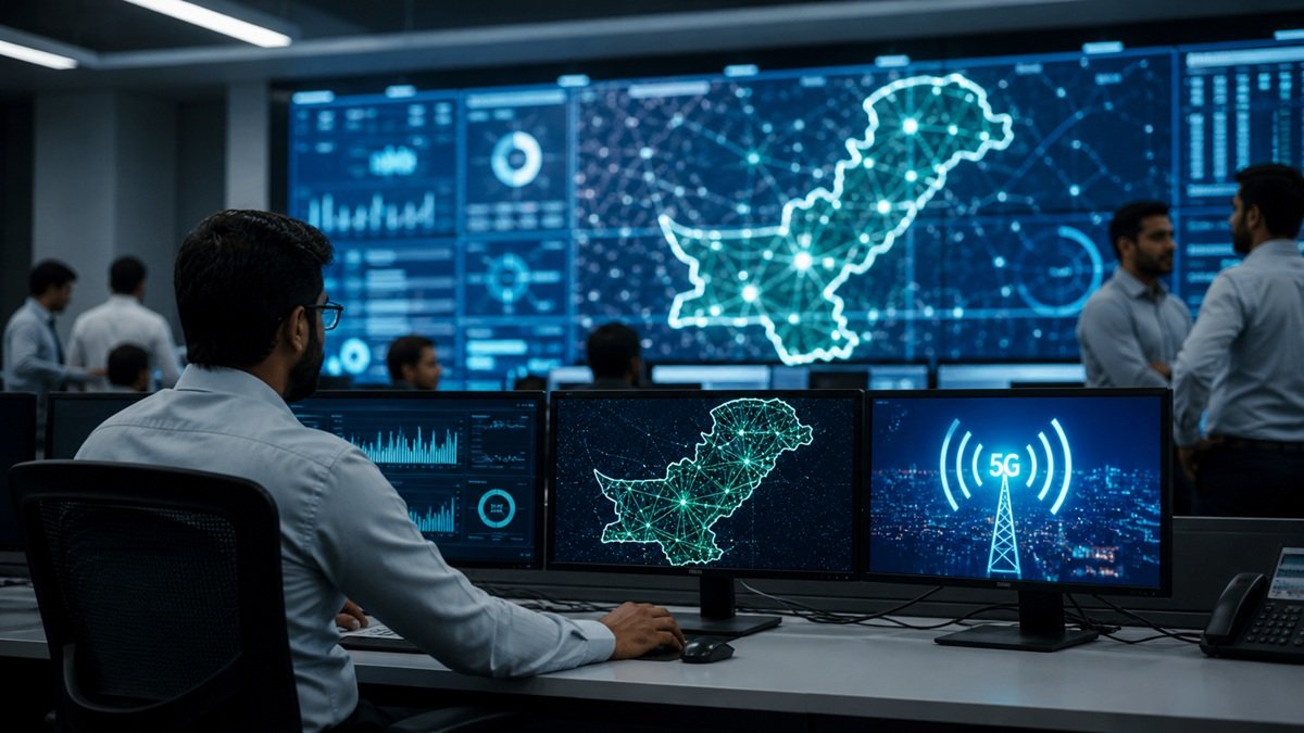 Pakistan city skyline with mobile network coverage
