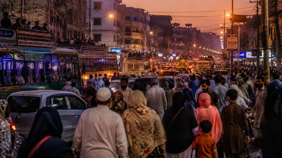 Crowded street in a Pakistani city showing population pressure
