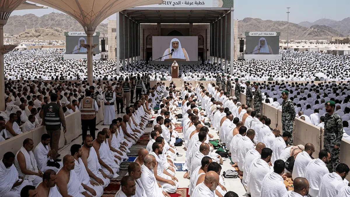 Sheikh Ali Al Hudaify delivering the Hajj 2026 Arafat sermon at Namirah Mosque before millions of pilgrims