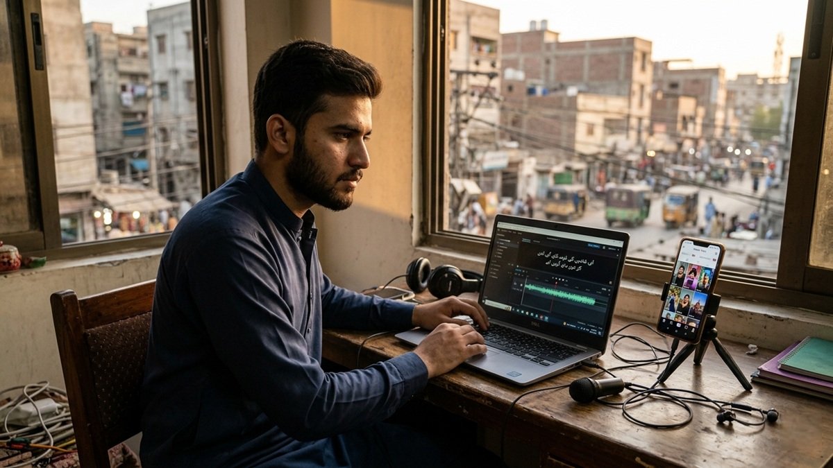 Pakistani student learning AI tools for content creation