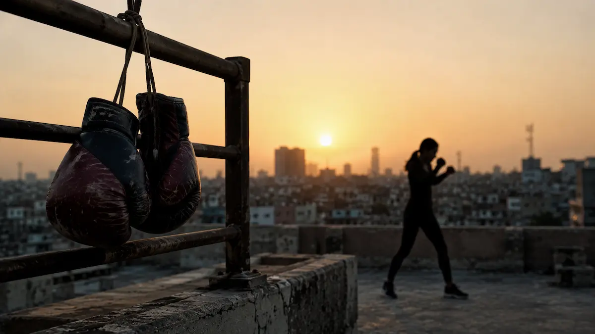 Female boxer training at Lyari rooftop facility
