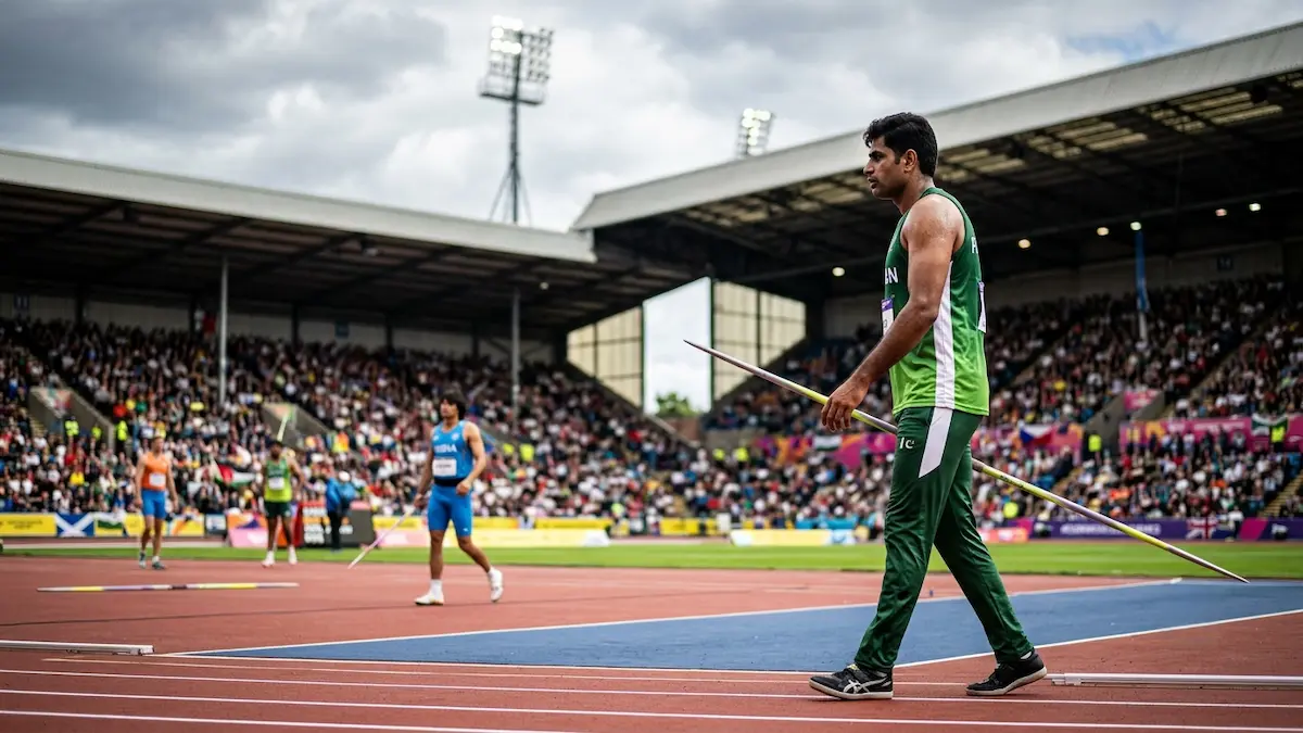 Pakistan's Arshad Nadeem and India's Neeraj Chopra compete in the men's javelin event at the 2026 Commonwealth Games in Glasgow.