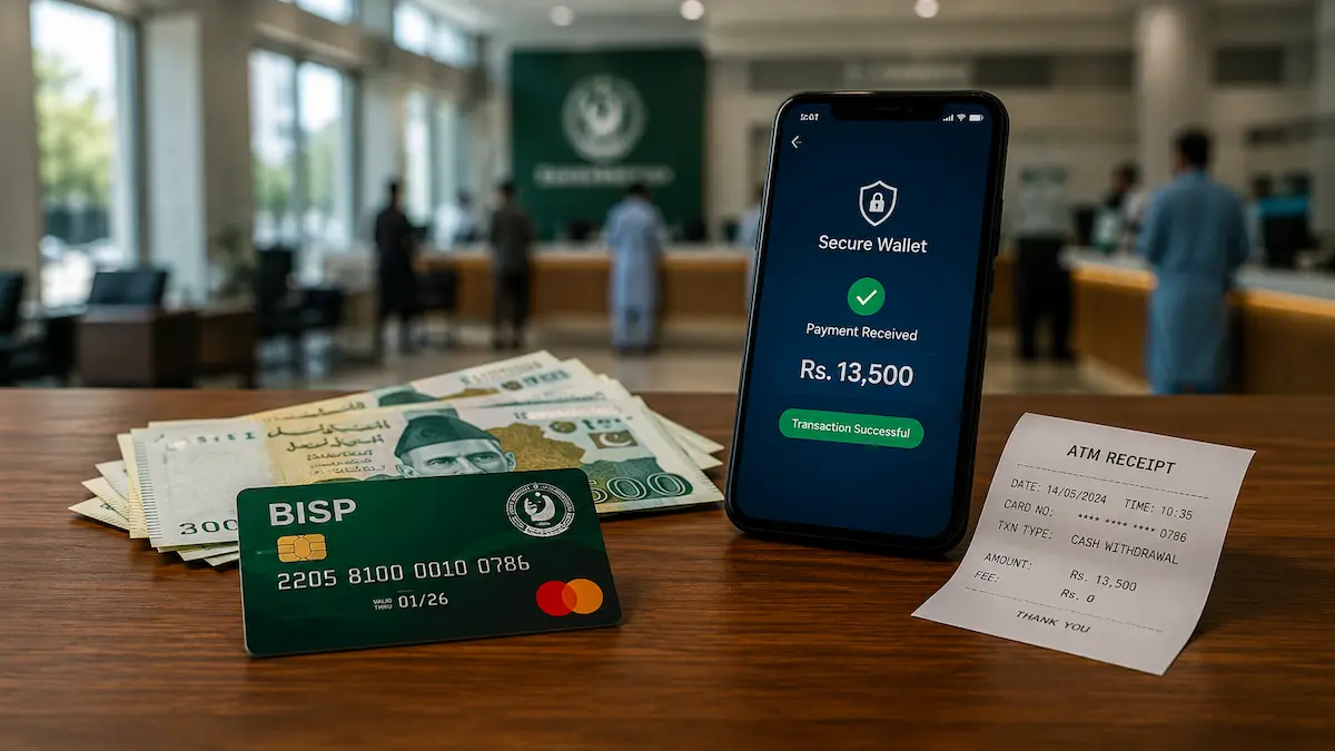 Pakistani women using the new BISP digital wallet system with Rs. 280 cash withdrawal fee and free RAAST transfers