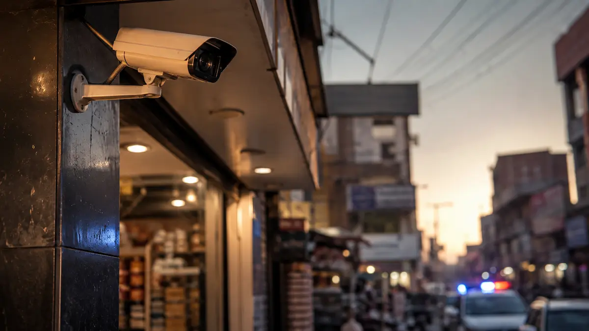 Police surveillance camera overlooking a Faisalabad commercial market after the new CCTV installation order for businesses.