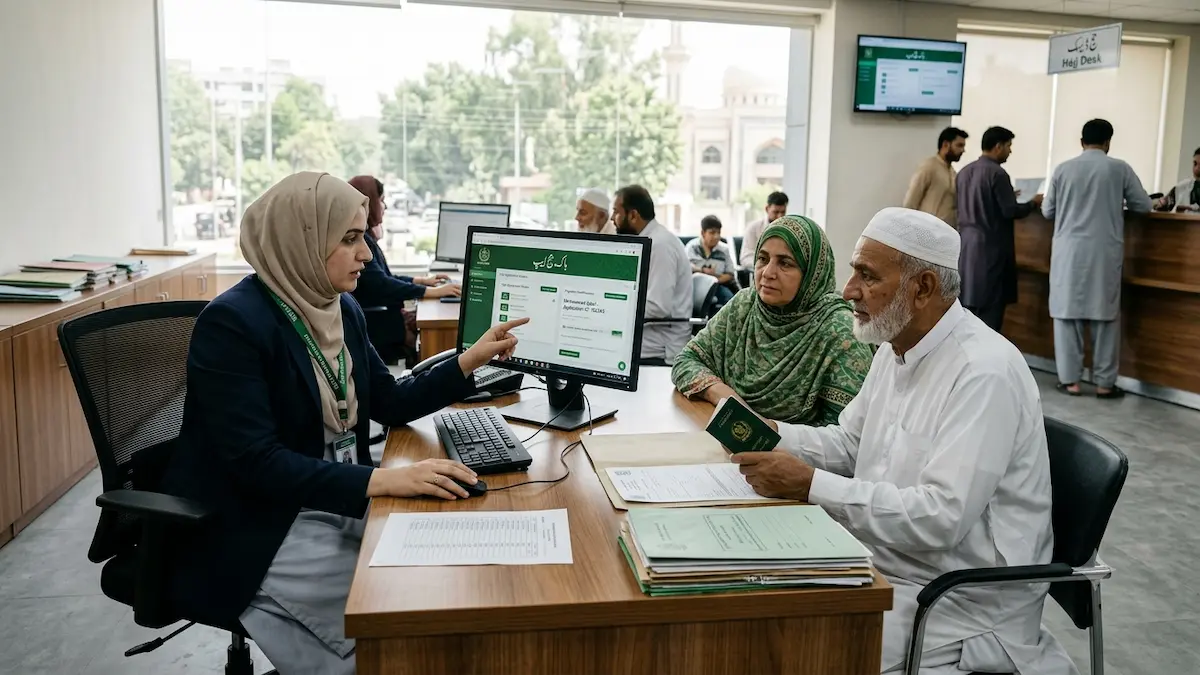 Pakistani family checking Hajj application on mobile phone