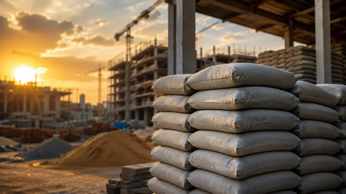 Cement bags stacked at a construction supply yard in northern Pakistan