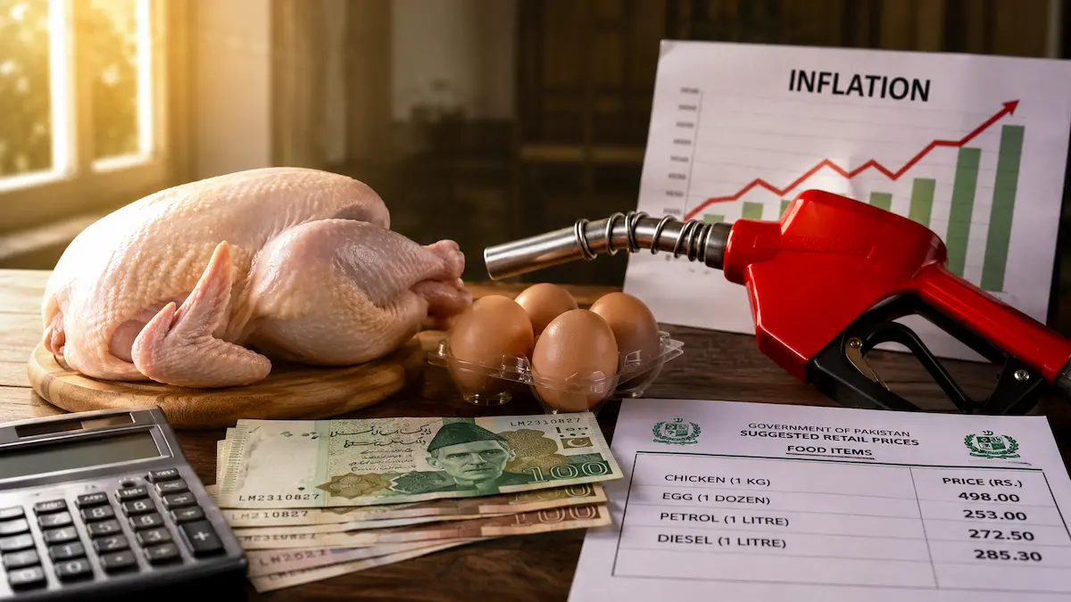 Pakistani shoppers buying chicken and eggs as protein inflation pushes retail prices above official government rates.