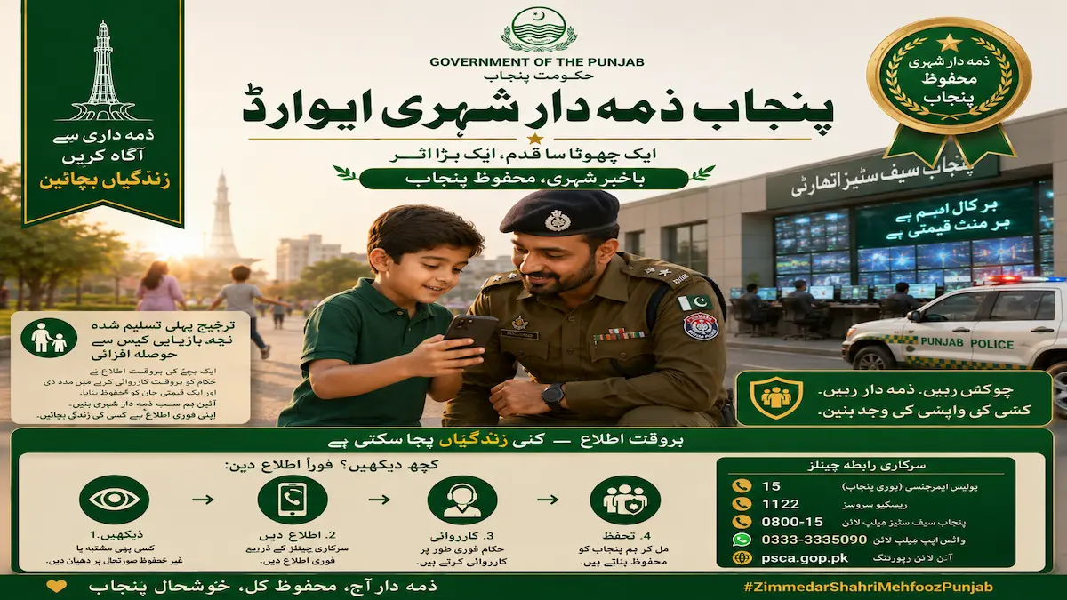Punjab Responsible Citizen Award announced by Punjab Safe Cities Authority for citizens reporting crimes and emergencies.