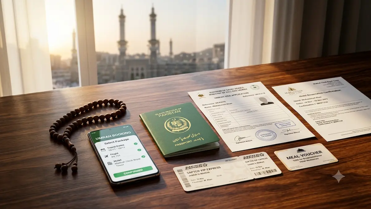 Saudi Arabia's new Umrah rules require Pakistani pilgrims to confirm hotel bookings, transport, and meal vouchers through Nusuk before visa processing.