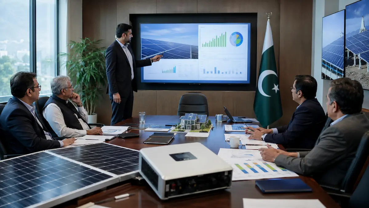 Pakistani family reviewing electricity bill next to solar panels