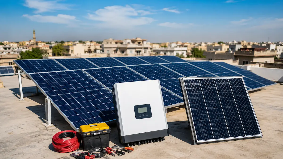 Solar panels displayed at a Pakistani solar equipment market after prices dropped by up to Rs. 9,000.