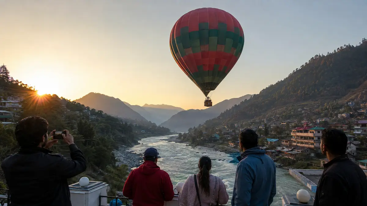 Tourists enjoying a hot air balloon ride over Pakistan's scenic mountain landscape