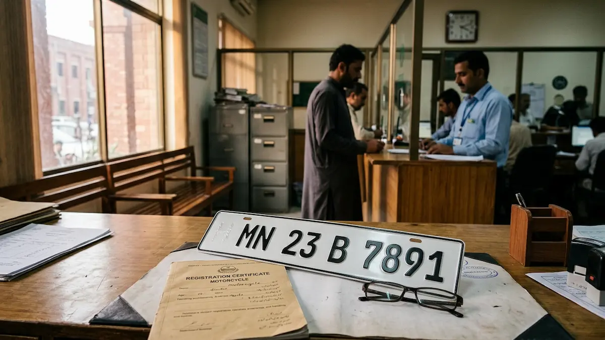 Motorcycle rider checking new number plate rules in Punjab